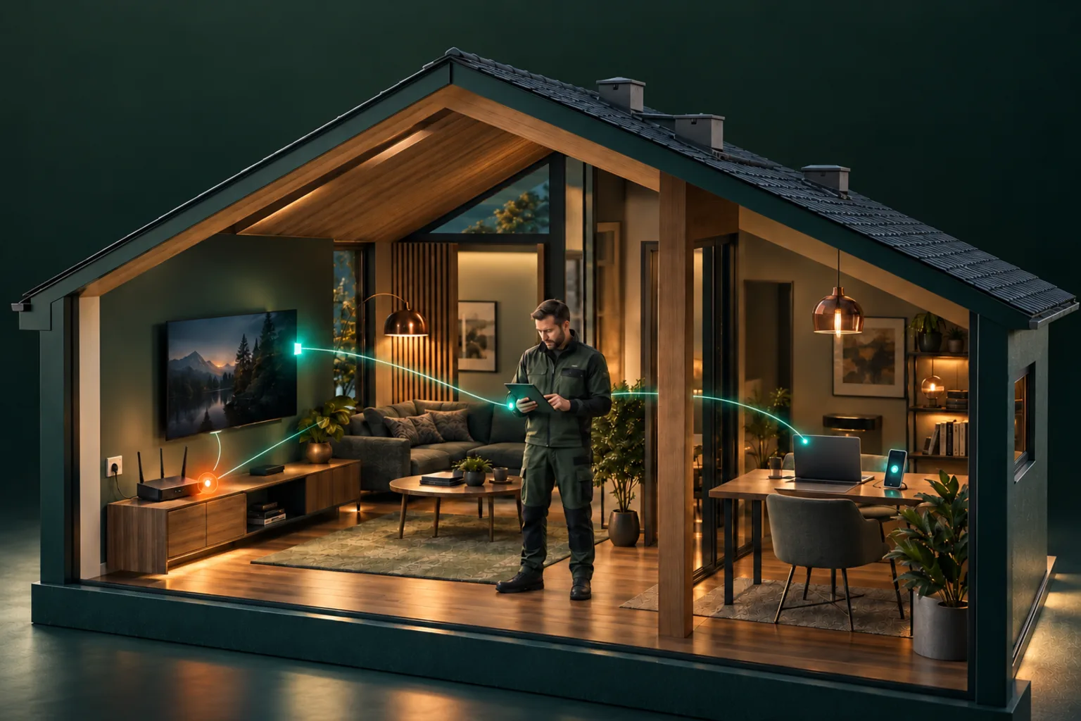 KI-Visualisierung: Ein Heimnetztechniker prüft mit einem Tablet Router, WLAN, Fernseher, Laptop und Smartphone in einem geöffnet dargestellten Zuhause. Leuchtende Verbindungen zeigen das zusammenhängende Heimnetz.